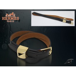 Hermes Double Tour Leather Black Bracelet With Gold